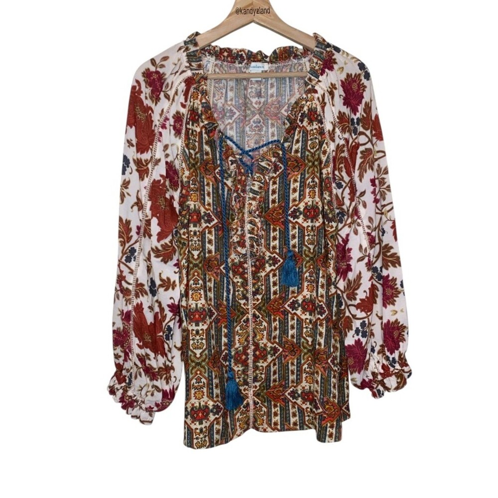 SUNDANCE Multicolor Boho Peasant Blouse w/ Balloon Sleeves and Tassel Tie Detail